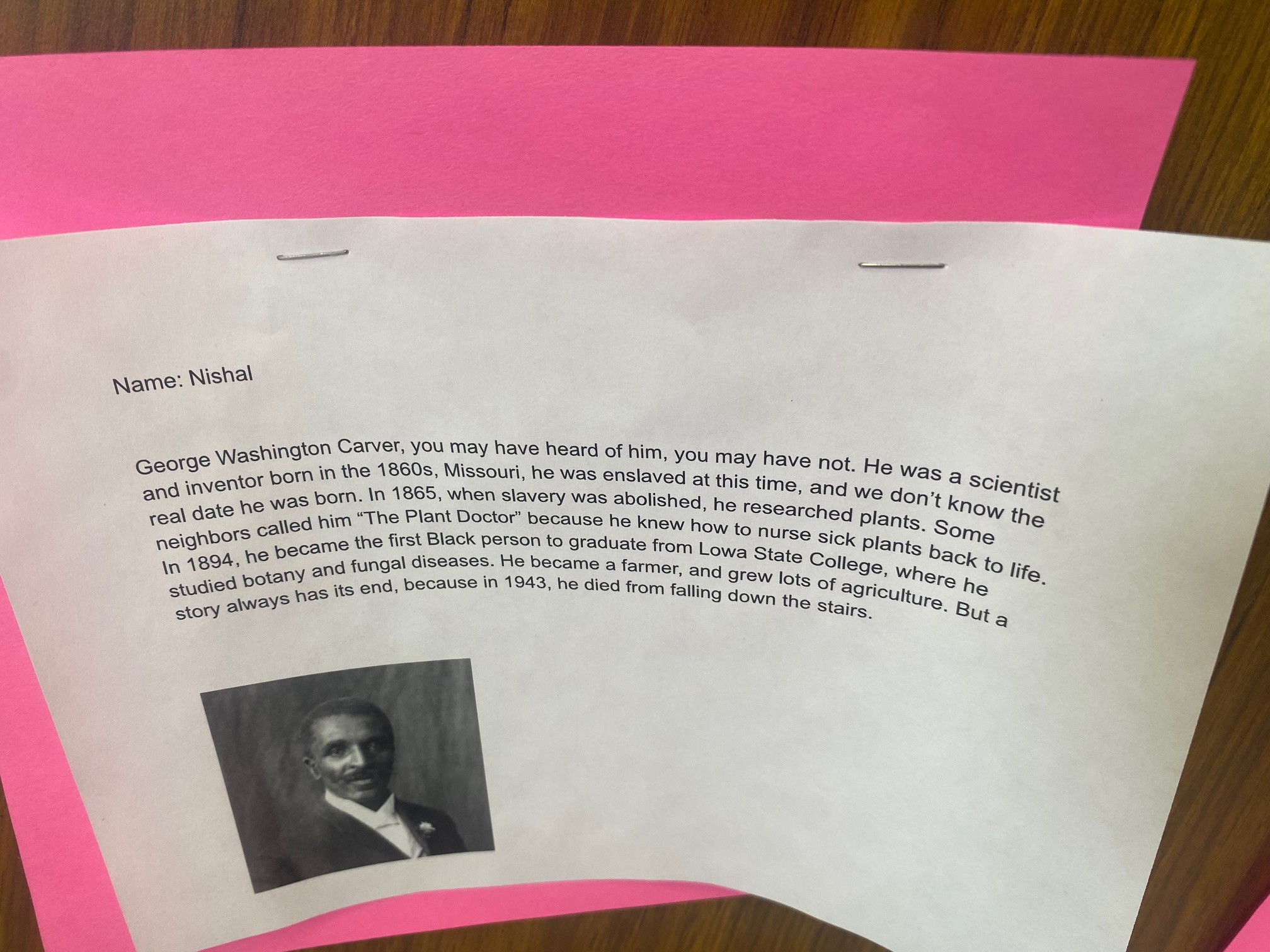 Close up photo of one student's short biography of George Washington Carver.